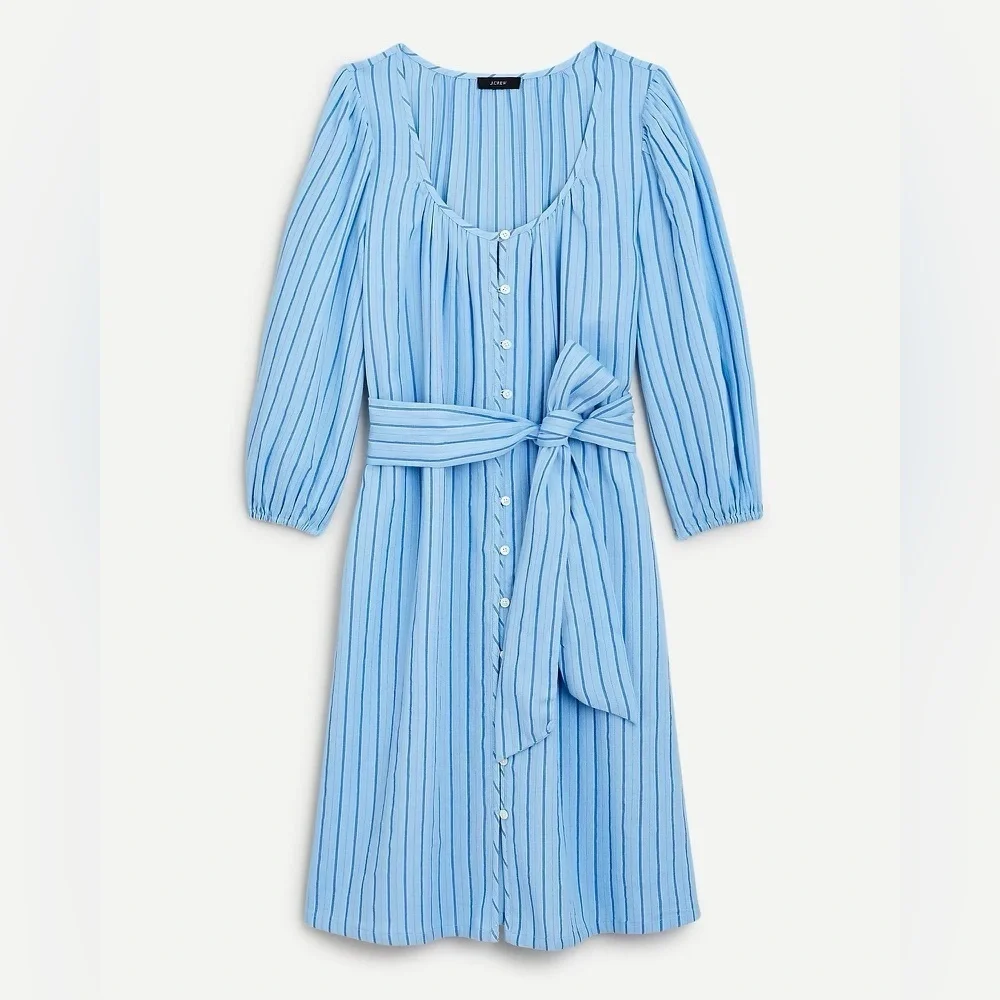 J. Crew Balloon Sleeve Tie Waist Cotton Dress in Blue Pinstripe size Medium